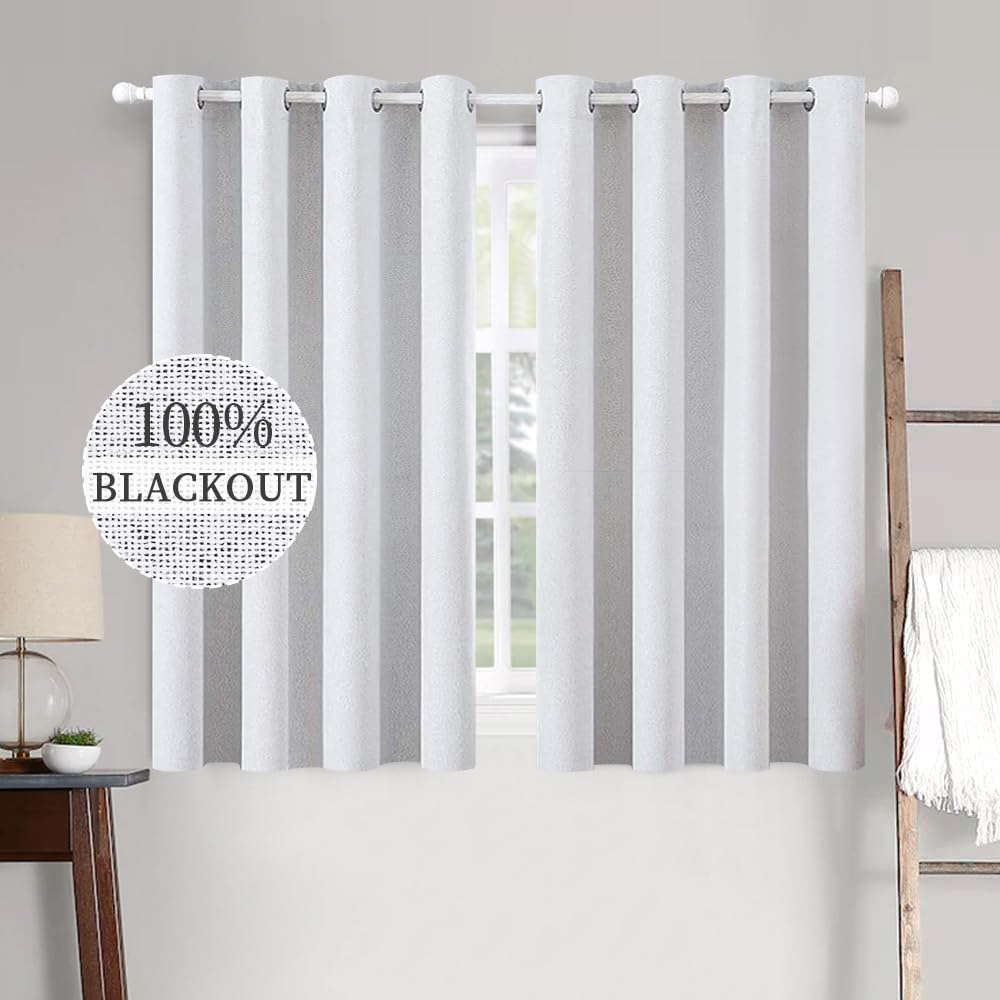 Miulee Linen Texture Full Blackout Curtain For Living Room Darkening,Thermal Insulated Grommet Curtain For Bedroom,Room Darkening Curtains For Kitchen,52X54 Inch Length 2 Panels Greyish White