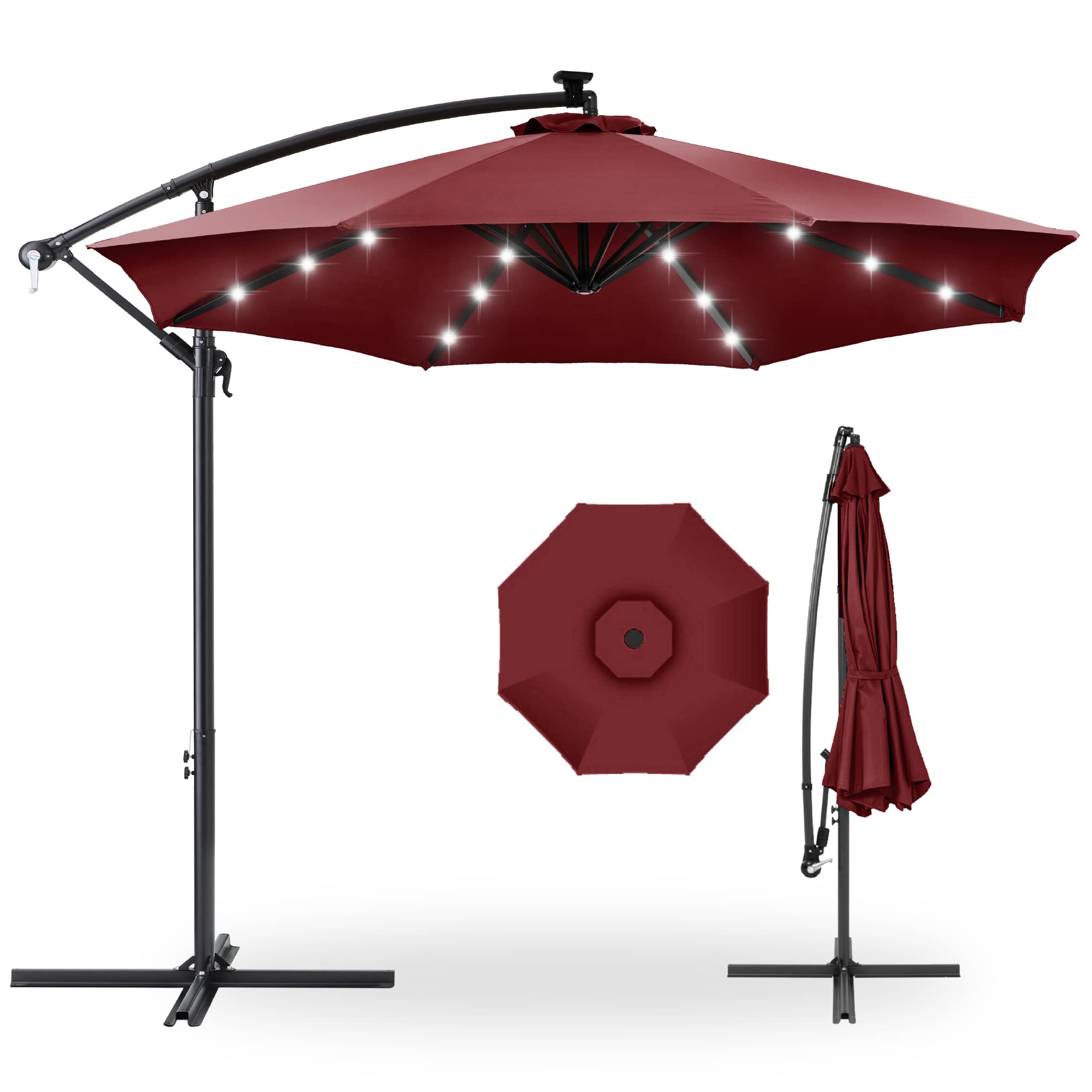 Best Choice Products 10ft Solar LED Offset Cantilever Hanging Market Patio Umbrella, 8 Sturdy Ribs, Easy Adjustment - Burgundy
