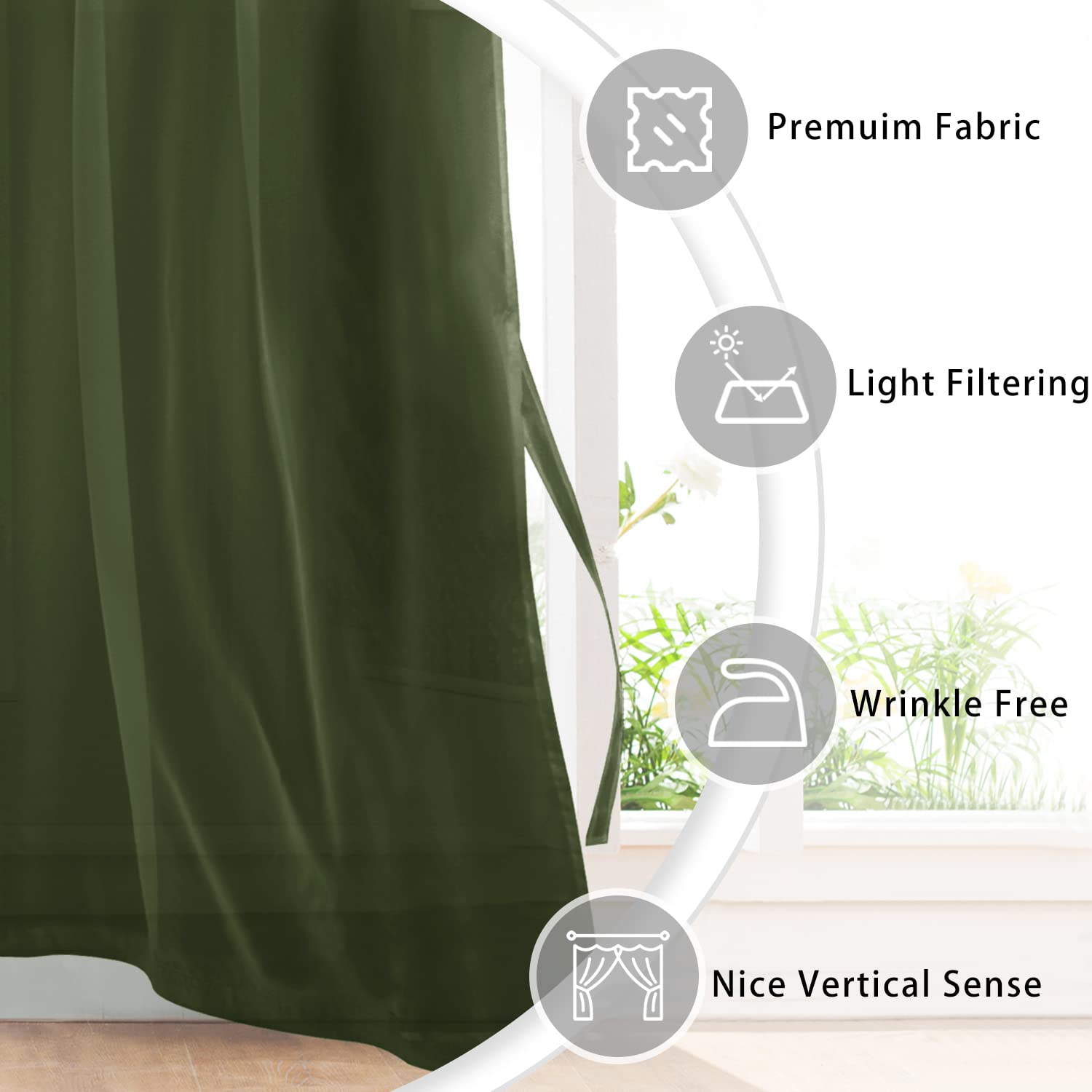 Hiasan Sheer Curtains For Living Room With Tieback, Airy Breathable Voile Textured Drapes Light Filtering Grommet Window Curtains For Bedroom, Kids' Room, Olive Green, W52 X L72, 2 Panels