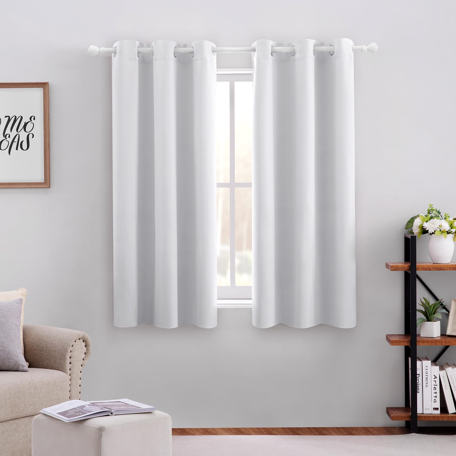 Homeideas Greyish White Kitchen Blackout Short Curtain Panels For Bedroom, Thermal Insulated Grommet Top Blackout Drapes (2 Pane