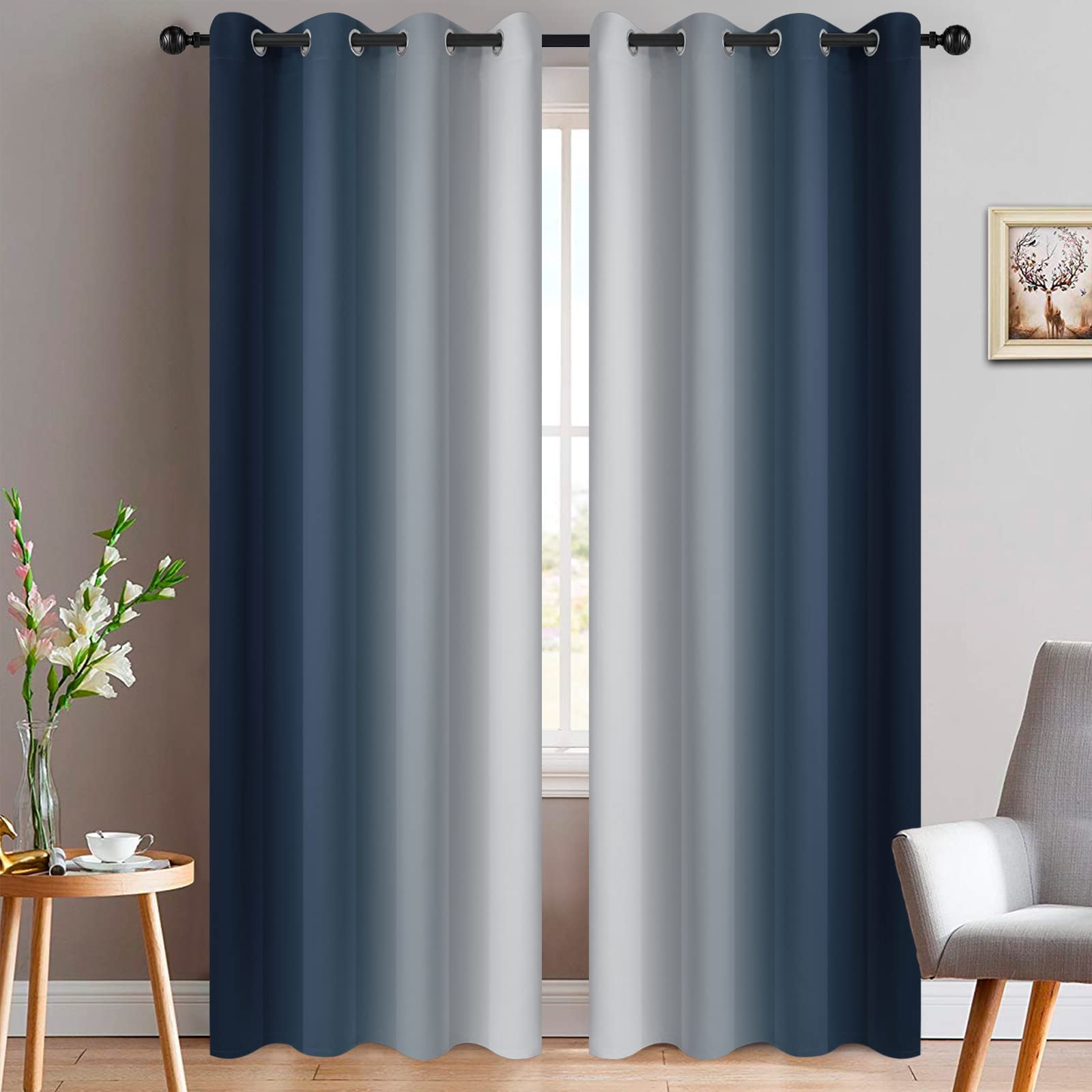 Yakamok Room Darkening Ombre Curtains 96 Inch Length, Navy Blue And Greyish White Thermal Insulated Gradient Color Curtains,Ligh