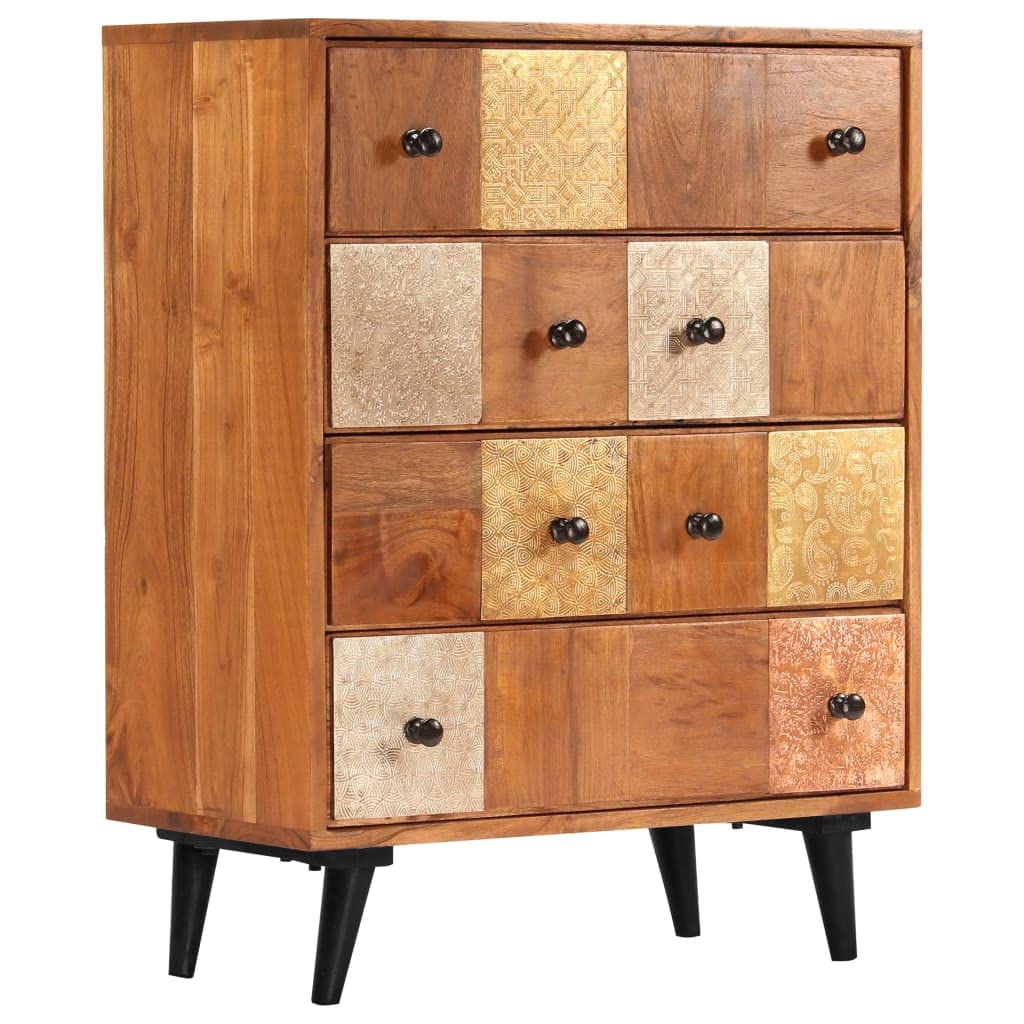 vidaXL Honey Finished Solid Acacia Wood 4-Drawer Chest - Vintage Charm Decorative Metal Details, Versatile Use, Unique Wood Grains, Safety Wall Attachment Included
