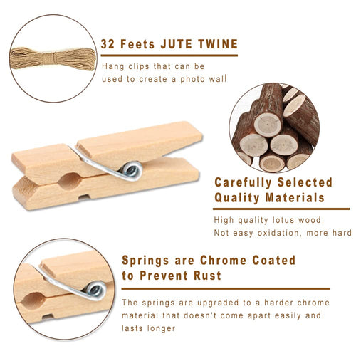 1.35 Inch Mini Clothes Pins For Photo?100 Pcs? With 32 Feet Jute Twine,Mini Clothes Pins For Crafts,Wooden Small Clothes Pins Fo
