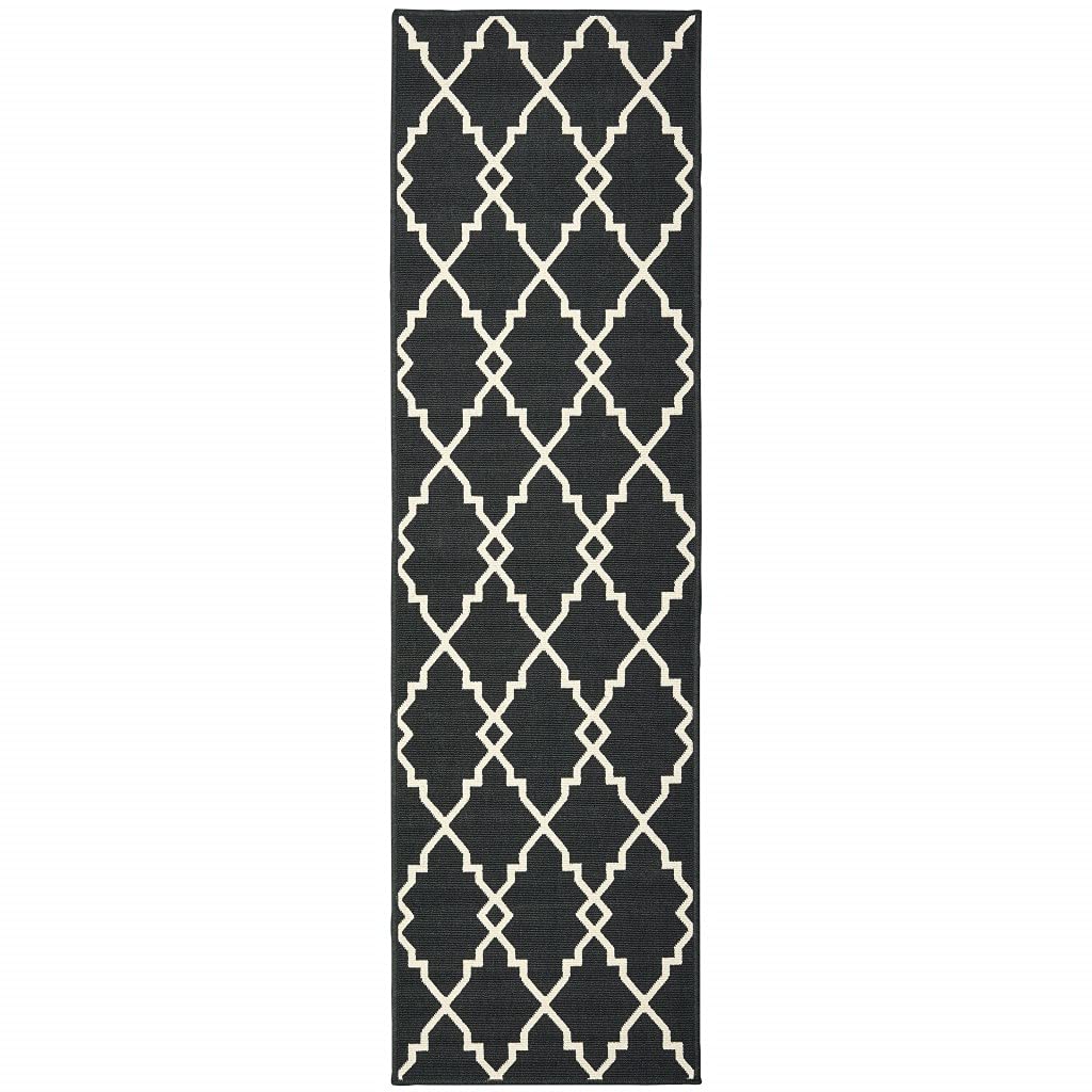 HomeRoots Polypropylene 2’x8’ Black and Ivory Trellis Indoor Outdoor Runner Rug