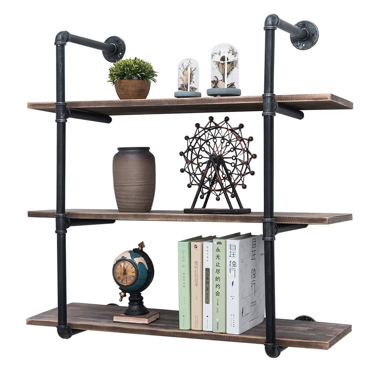 Industrial Pipe Shelving Wall Mounted,36in Rustic Metal Floating Shelves,Steampunk Real Wood Book Shelves,Wall Shelf Unit Booksh