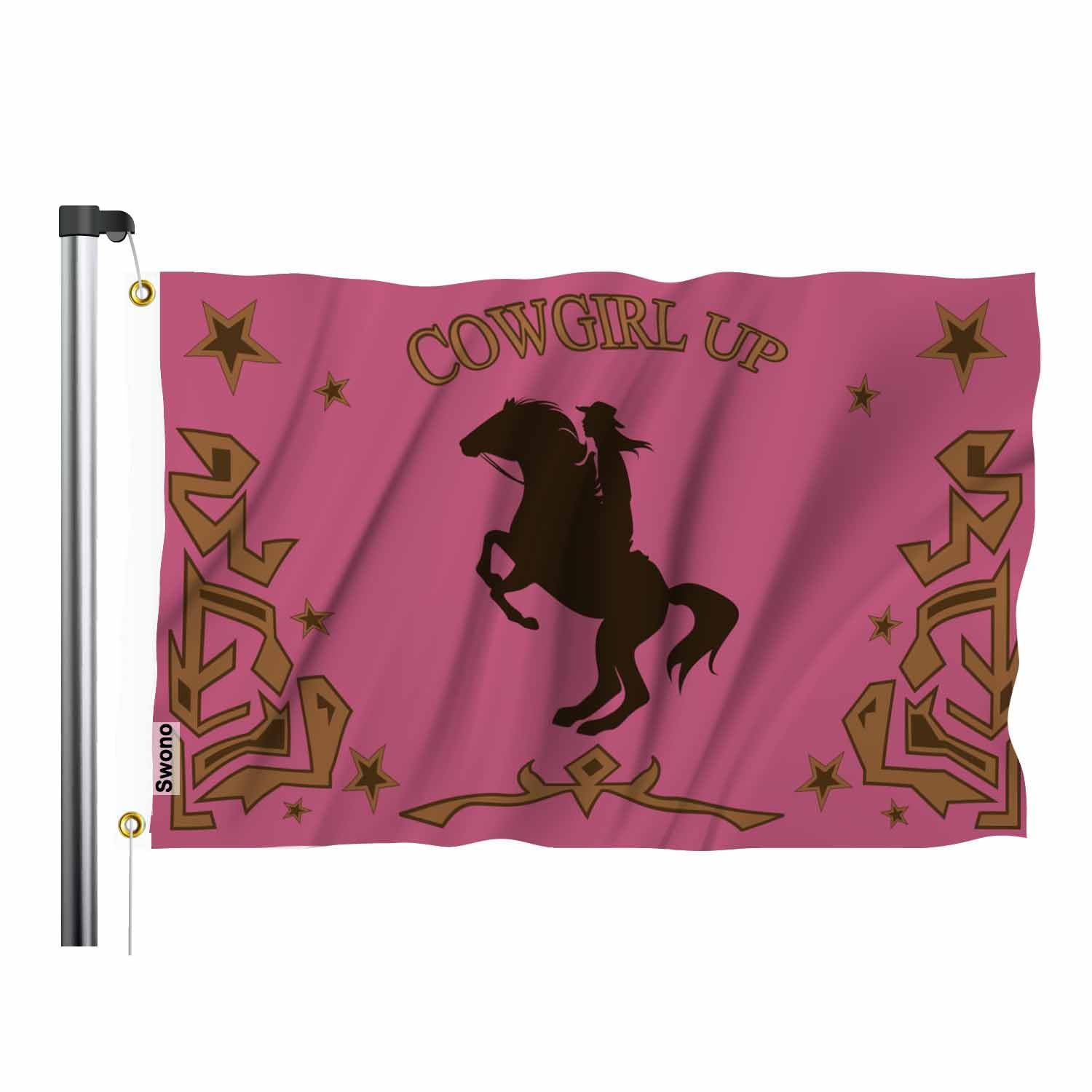 Swono Cowgirl Up 3X5 Ft Woman Riding Horse Cool Girl Star Border Flag For Outdoor, Indoor, Office, Workplace, Home, Garden, Busi