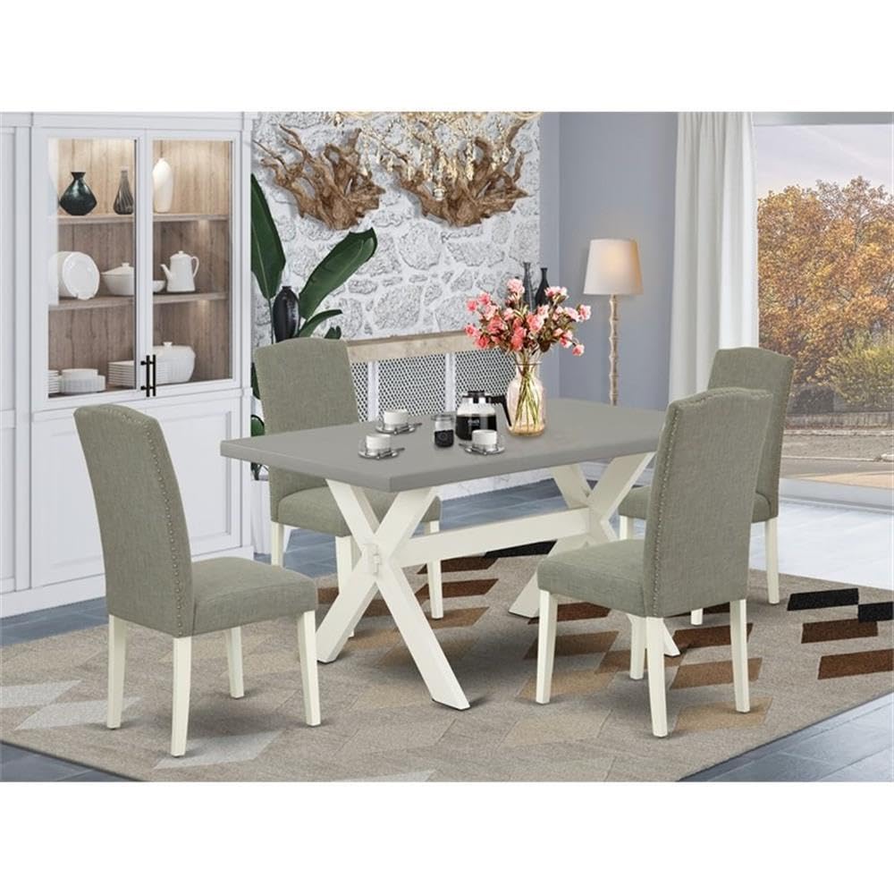 East West Furniture X096En206-5 5 Piece Dining Room Table Set Includes A Rectangle Kitchen Table With X-Legs And 4 Dark Shitake Linen Fabric Parsons Dining Chairs, 36X60 Inch, Multi-Color