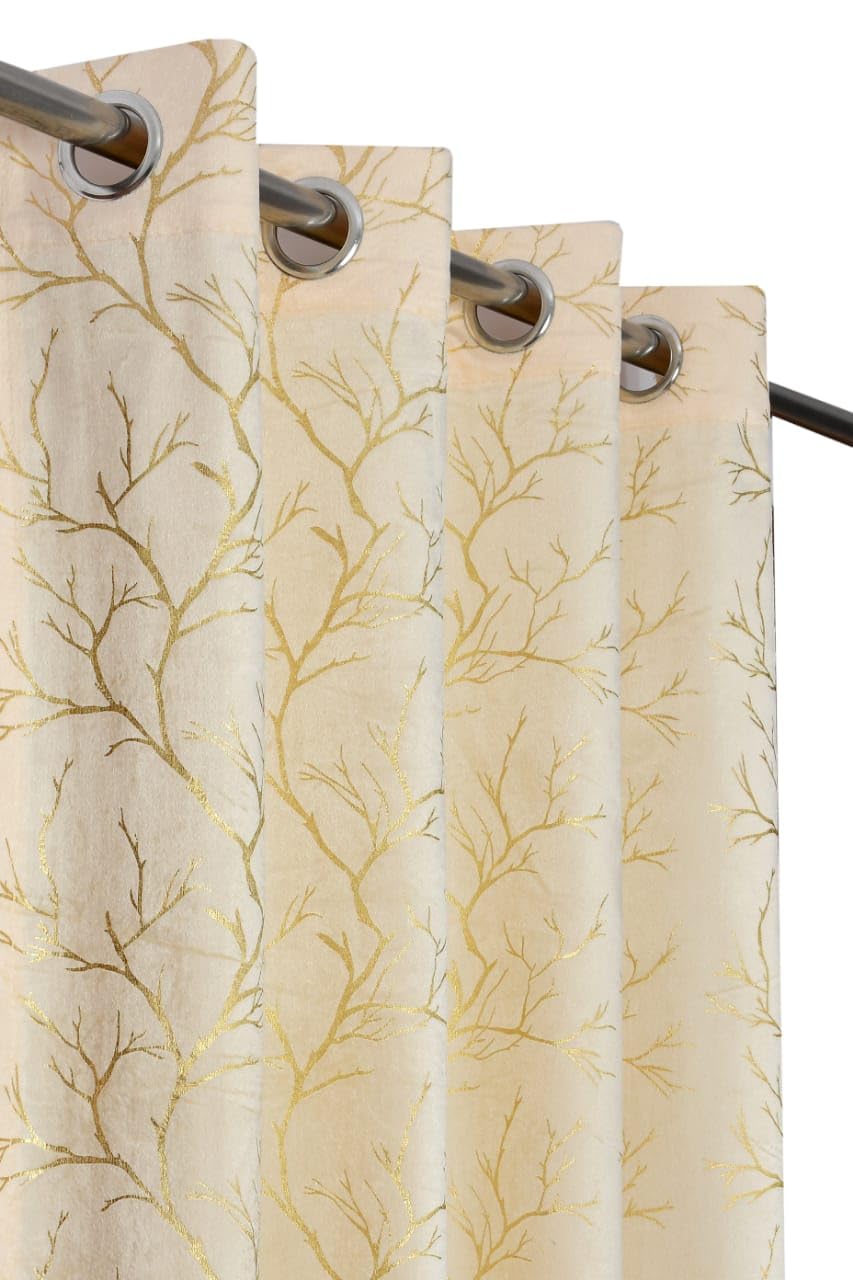 Soulful Creations Shimmer Heavy Foil Print Room Darkening Velvet Curtain for Home and Offices. (5feet (Pack of 2), Cream), Grom