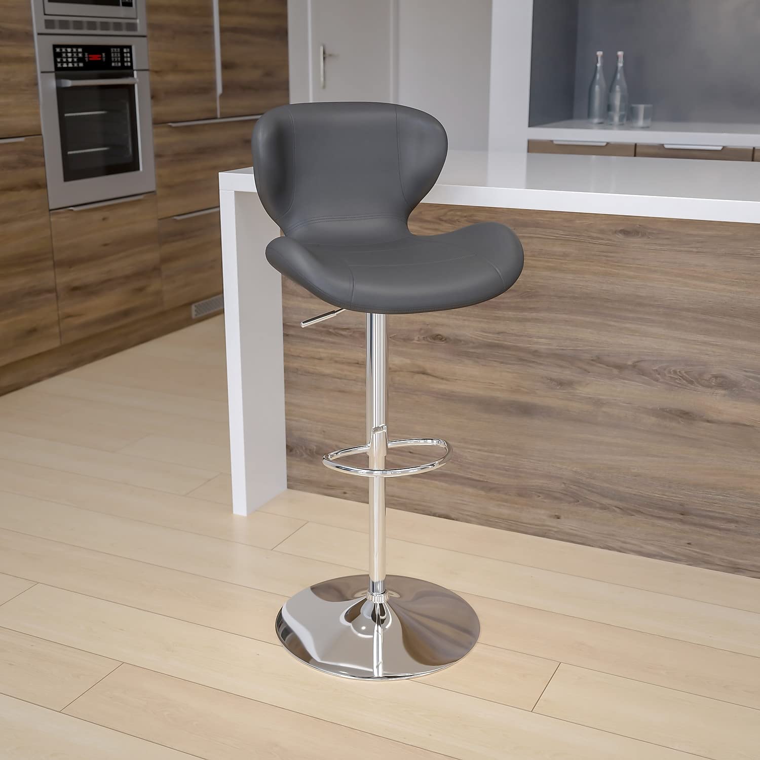 Flash Furniture Contemporary Gray Vinyl Adjustable Height Barstool With Curved Back And Chrome Base