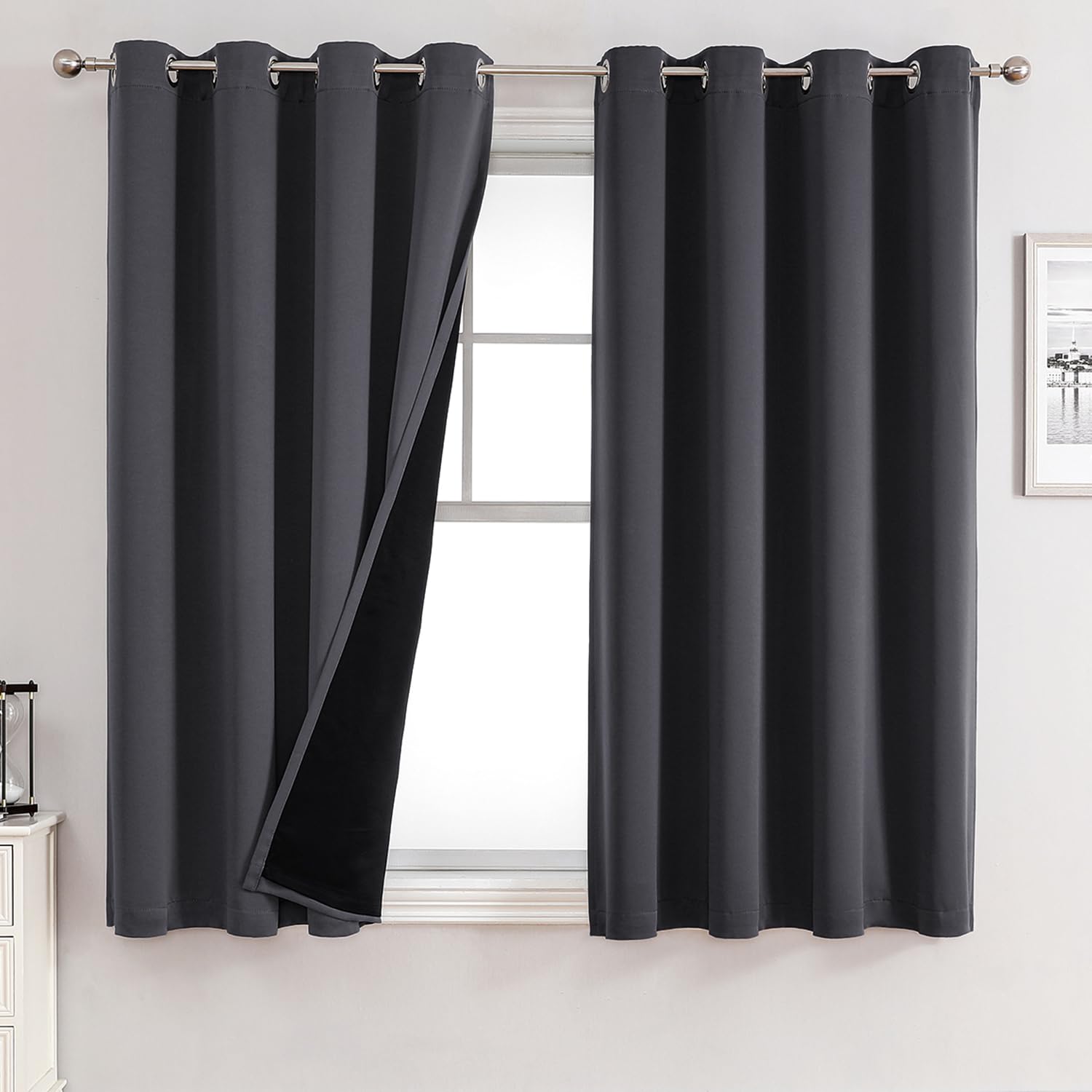 Chrisdowa 100% Blackout Curtains For Bedroom With Black Liner, 2 Thick Layers Total Blackout Thermal Insulated Grommet Small Win