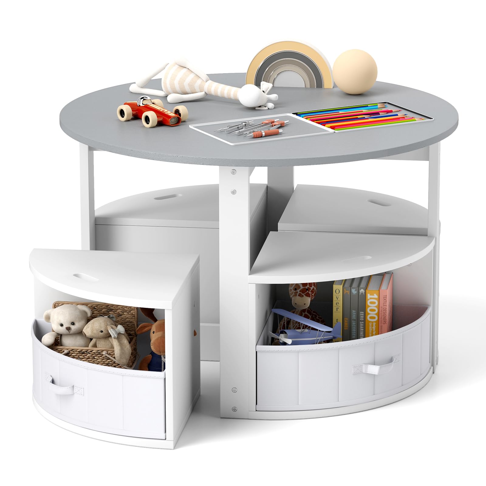 Costzon Kids Table and Chairs, 5 Pieces Wooden Round Children Nesting Table with 4 Storage Stools & 4 Fabric Drawers for Activit
