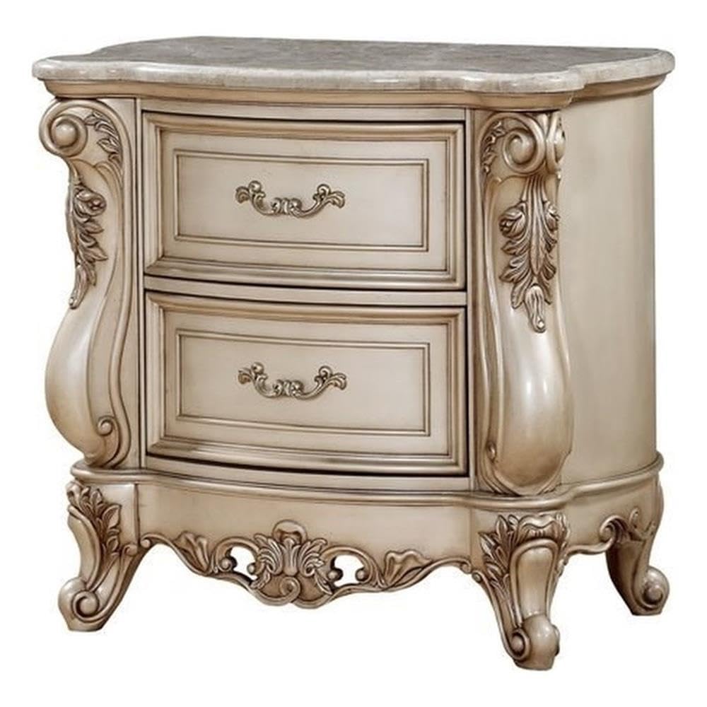 Acme Gorsedd 2-Drawer Wooden Nightstand with Marble Top in Golden Ivory