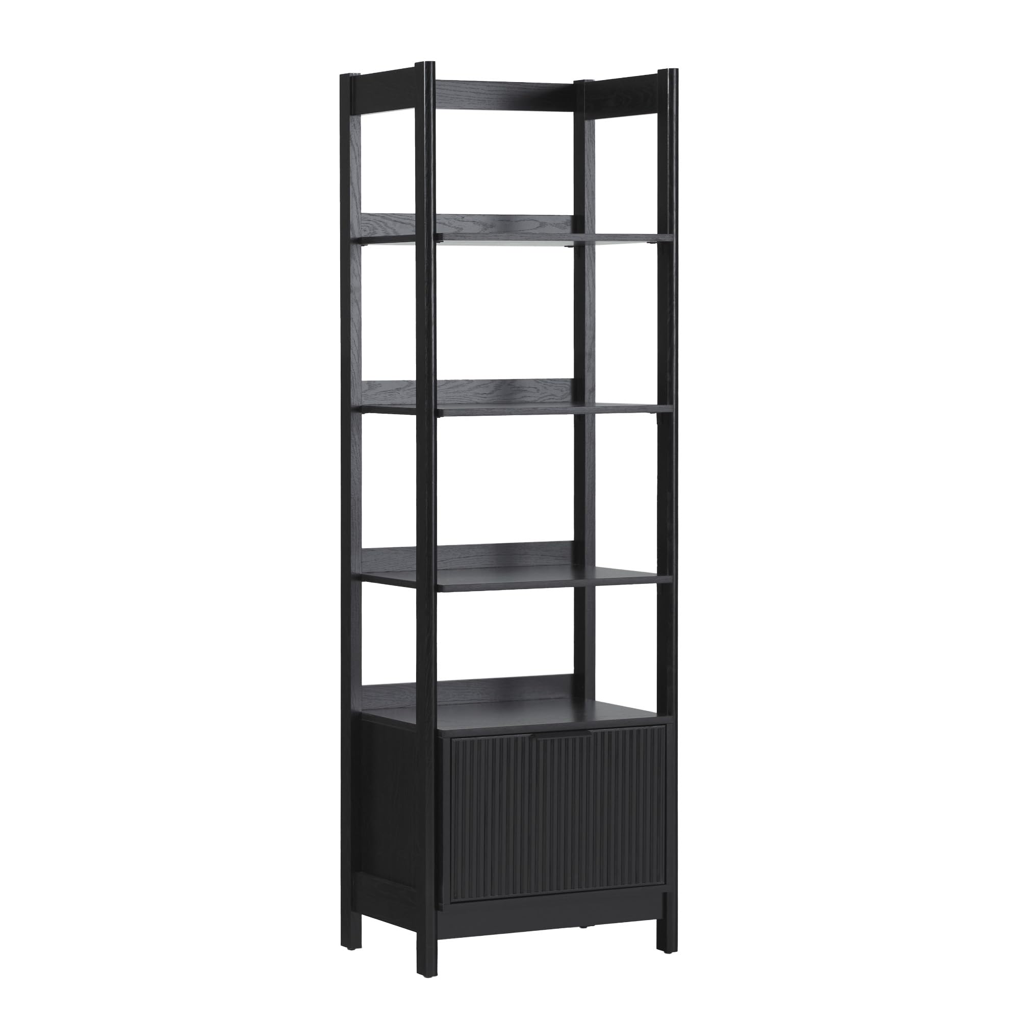 Walker Edison Transitional Reeded Narrow Open Bookshelf with Drawer Home Office Living Room, Bedroom, 4-Shelf Bookcase with Bott