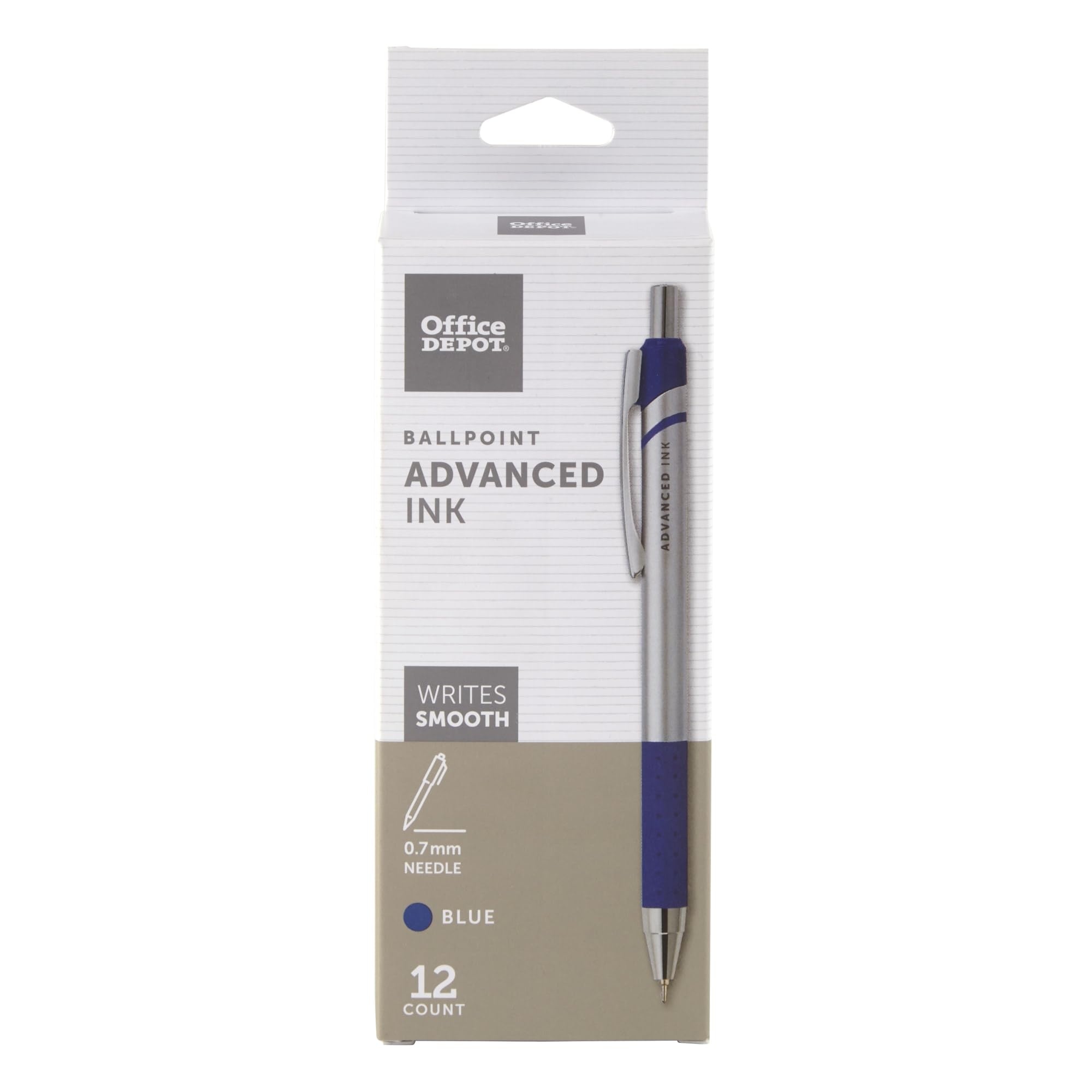 Office Depot Advanced Ink Retractable Ballpoint Pens, Needle Point, 0.7 Mm, Silver Barrel, Blue Ink, Pack Of 12