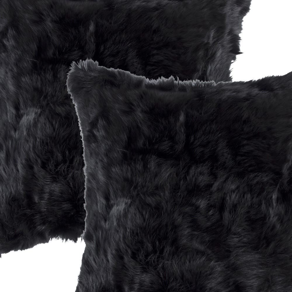 HomeRoots 100% Natural Rabbit Fur and Microsuede Set of Two 18' X 18' Black Rabbit Natural Fur Animal Print Throw Pillows