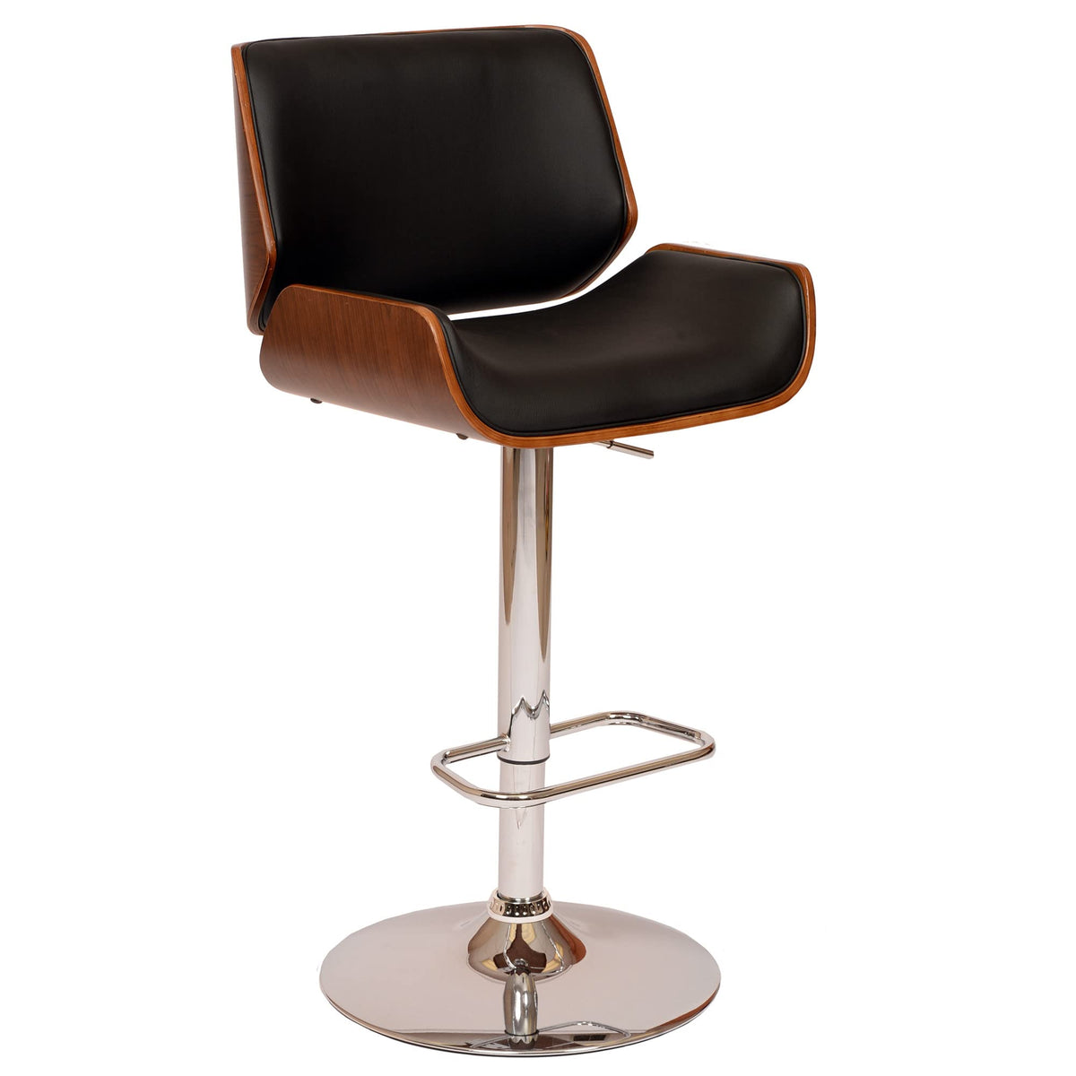 HomeRoots Chrome Metal, Walnut Vaneer, Leatherette Black Upholstered Chrome Base Adjustable Bar Stool