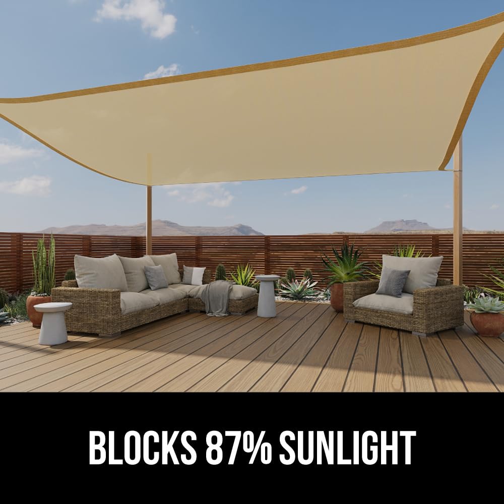 Gorilla Grip Heavy Duty Sun Shade, Uv Protection Fade Tear And Rust Resistant Rectangle Sunshade Canopy, Curved Edges Blocks Sunlight, Breathable Sail, Outdoor Patio, Lawn Garden 10X13 Ft Sand