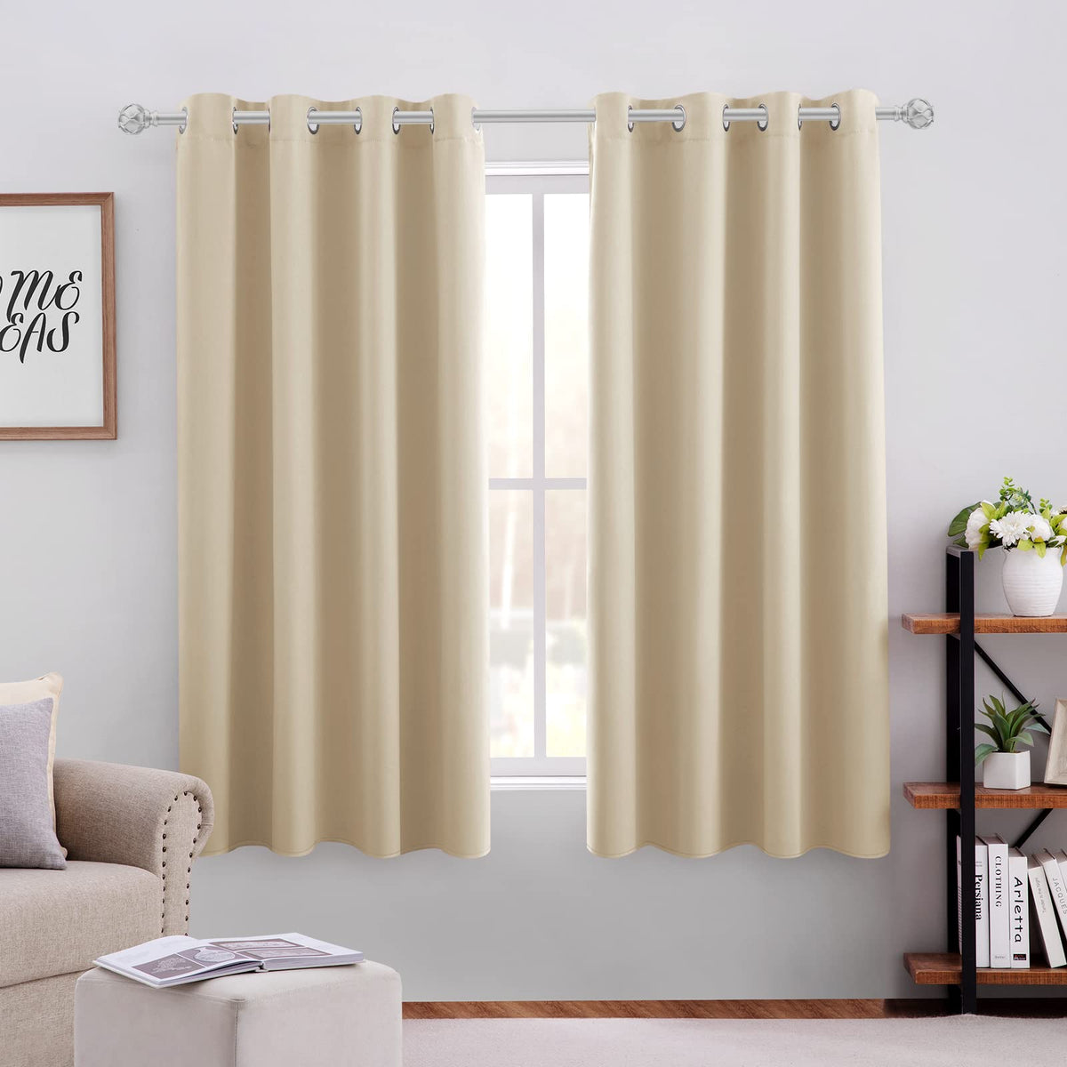Homeideas Blackout Curtains For Bedroom 52 X 63 Inch Length 2 Panels Set Beige Room Darkening Curtains/Drapes, Soundproof Therma