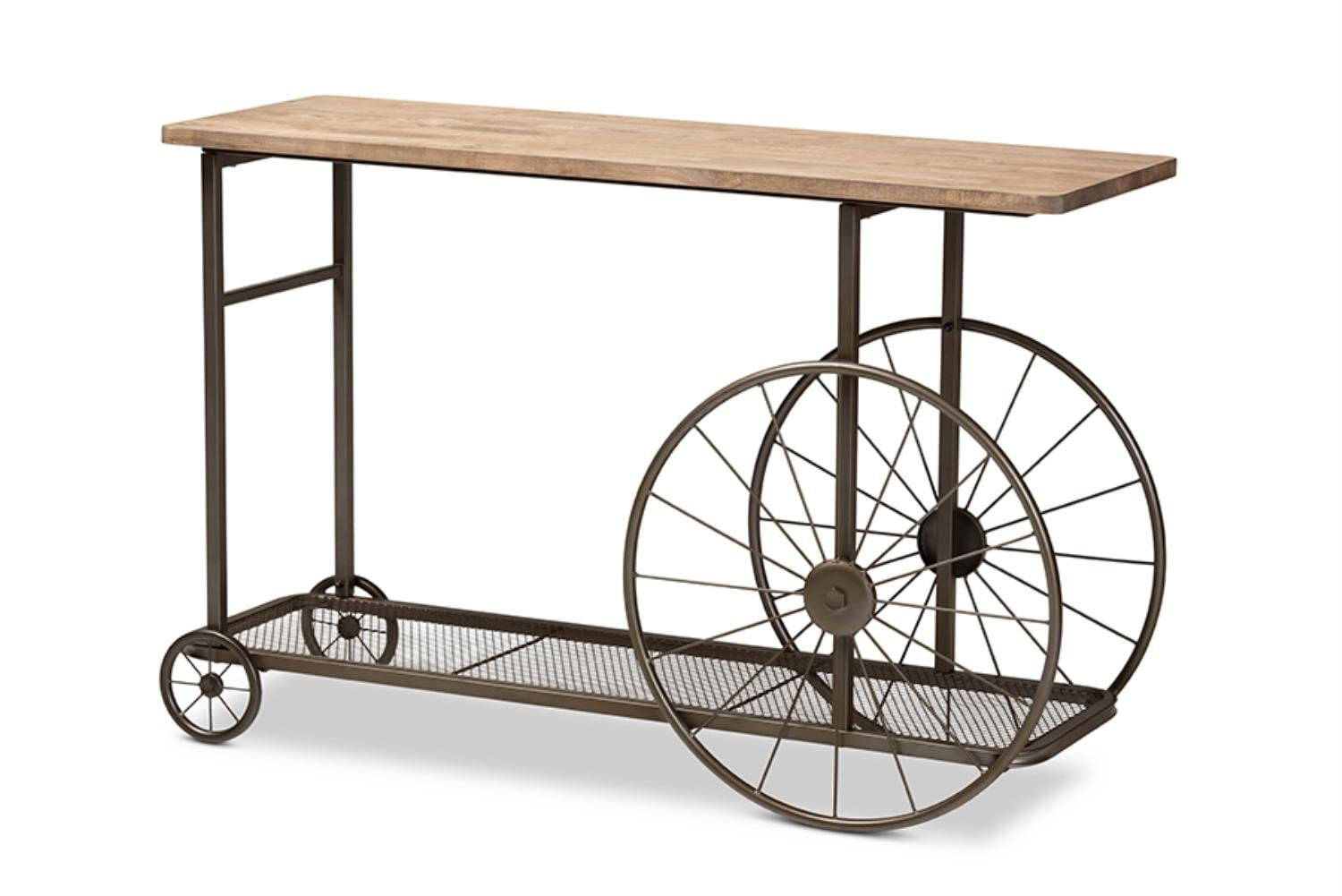 Baxton Studio Terence Vintage Rustic Industrial Natural Finished Wood and Black Finished Metal Wheeled Console Table