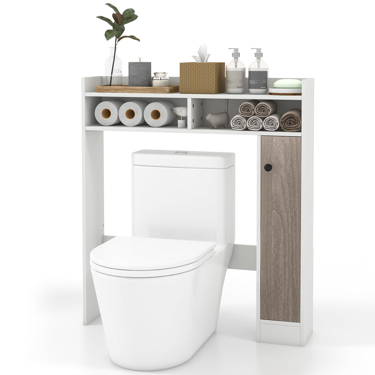 Giantex Over The Toilet Storage Cabinet, Freestanding Bathroom Organizer W/Single Door Cabinet & Open Shelves, Space-Saving Toilet Rack W/Adjustable Shelves For Laundry Room, 34.5' X 7' X 39' (White)