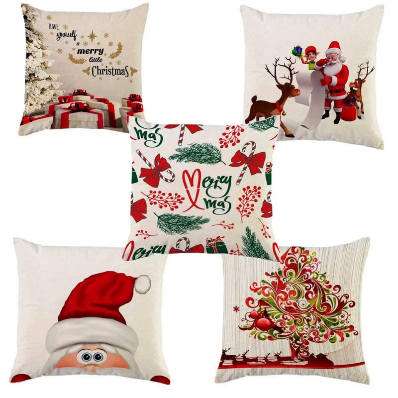 Femfairy Designer Decorative Printed Merry Christmas Characters Sofa Square Cushion Covers (Set Of 5 Pcs, Size: 16 X 16 Inch)