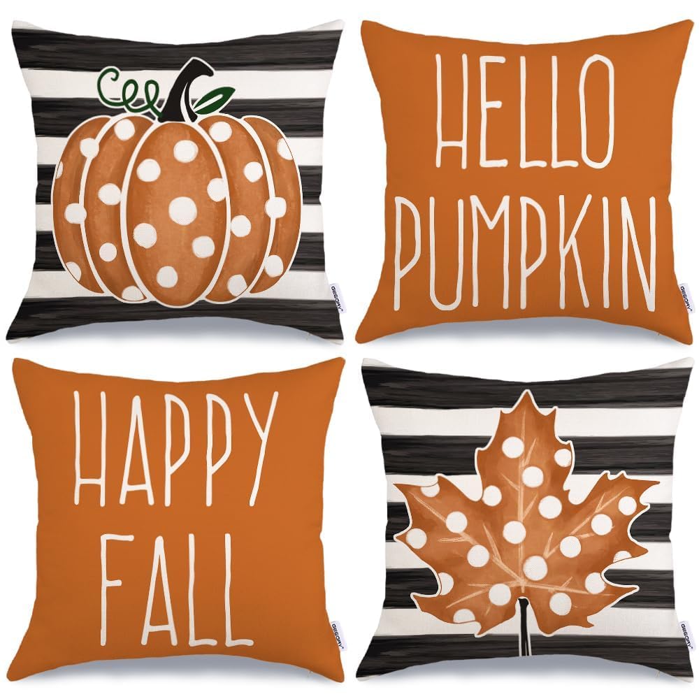 Geeory Fall Pillow Covers 18X18 Set Of 4 Fall Decor Polka Dots Pumpkin Maple Leaf Happy Fall Stripes Decorative Throw Pillows Fa
