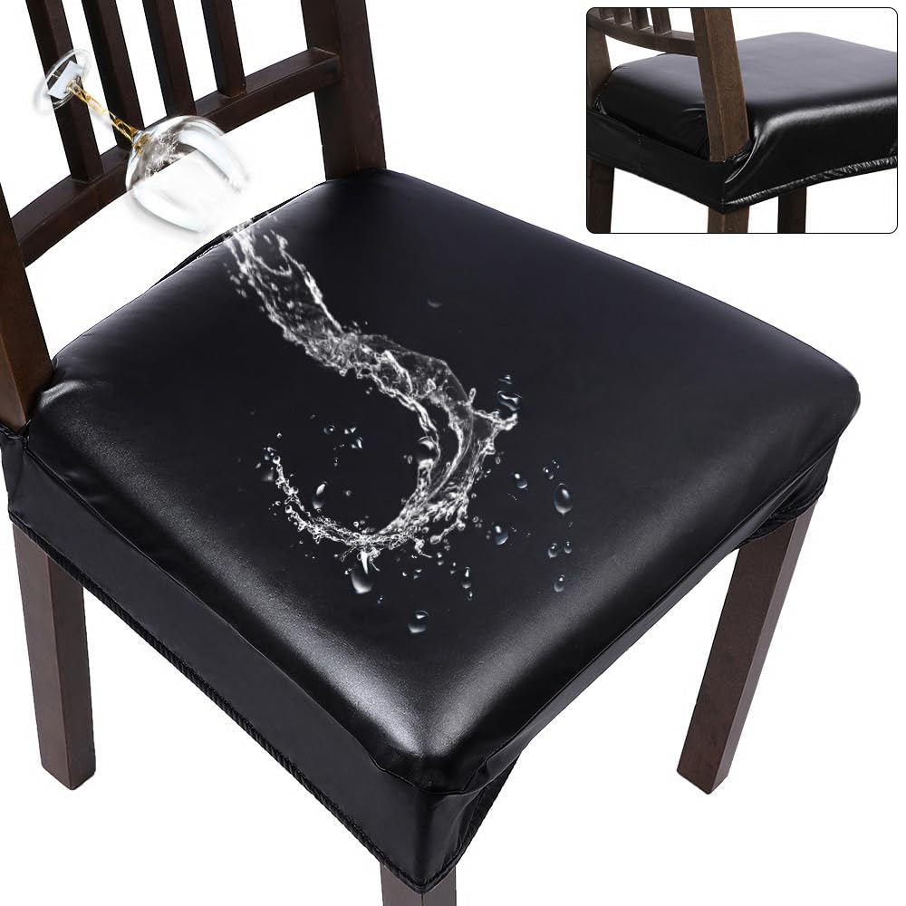 Searchi Waterproof Pu Dining Chair Seat Covers Set Of 4, Soft Removable Washable Seat Covers For Dining Chairs, Dining Room Seat Cover Protector (Rear-Covered, Pu Black)