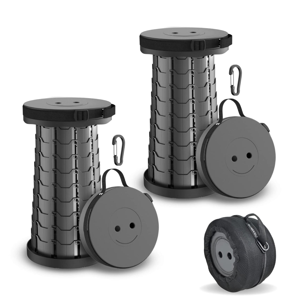 Numanu Collapsible Stool 2-Pack & Carry Bag + Clips - Upgraded Portable Folding Stool, Height Adjustable, Lightweight, Retractable Telescoping Camping Seat Travel Chair, Foldable Footrest - Max 400Lbs