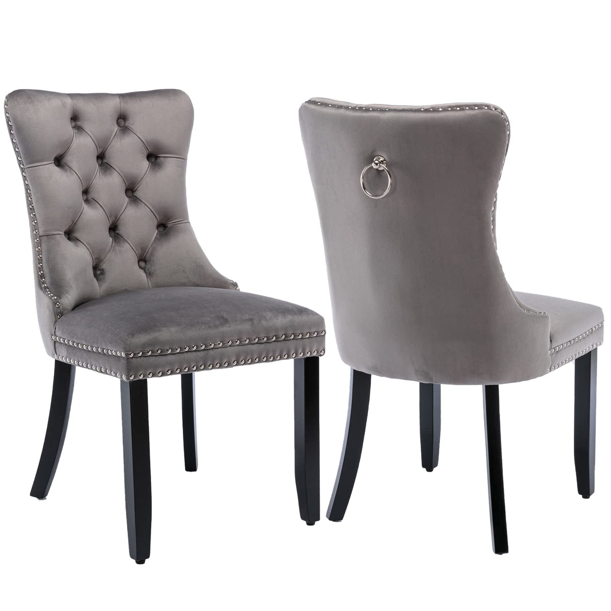 Grey Velvet Dining Chairs Set Of 2, Upholstered Dining Room Chairs With Back Ring Pull Trim And Solid Wood Legs,Tufted Wingback