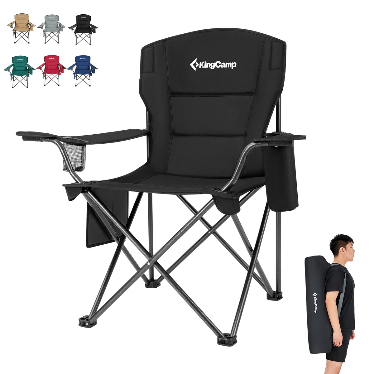 Kingcamp Heavy Duty Oversized Comfy Folding Outdoor Portable Lawn Adults Bag Chair With Cooler For Outside Camp, Sports, Picnic, Stadium, 38.5' X 21.6' X 38.5', Black