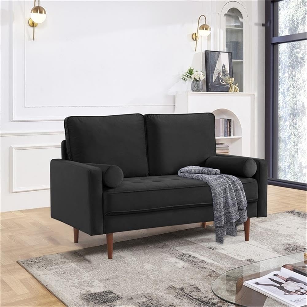 American Furniture Classics Black 57 Inch Wide Upholstered Two Cushion Loveseat with Bolster Pillows Velvet, 57&quot; x 32&quot; x 37&quot;