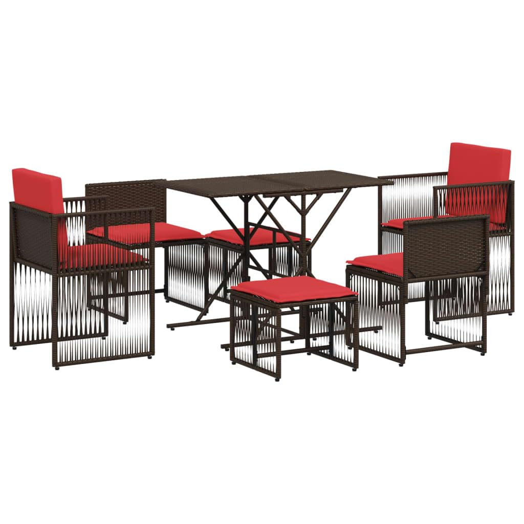 vidaXL Patio Dining Set with Cushions - 7 Piece Brown Poly Rattan Furniture for Garden/Backyard