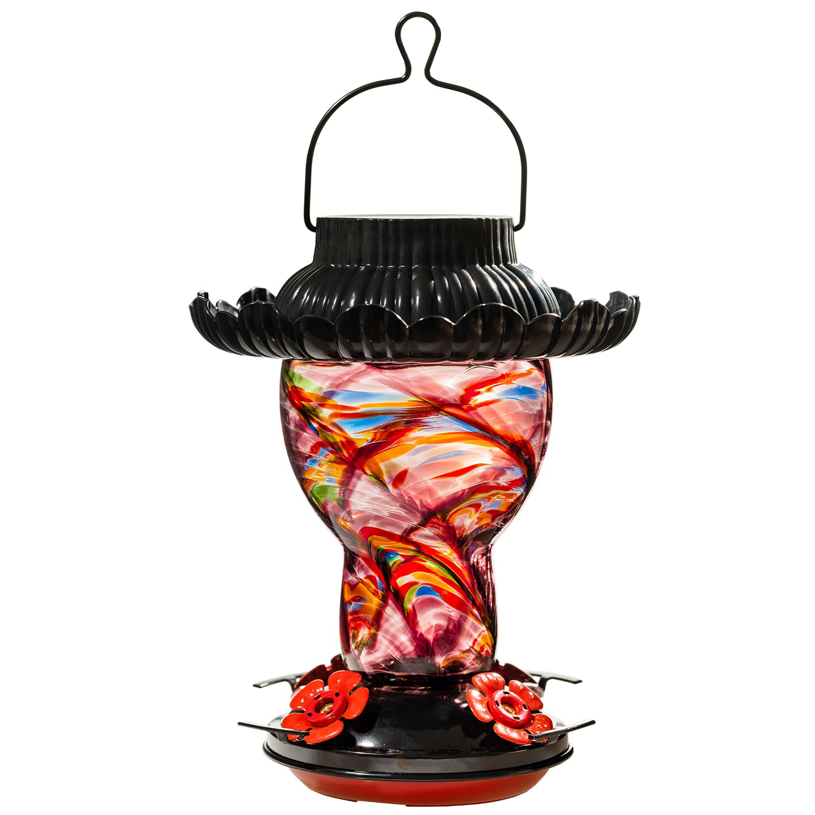 Laelvish Garden Solar Hummingbird Feeder For Outdoors Hanging Ant And Bee Proof, 25Oz Color Changing Light Hand Blown Glass, Lea