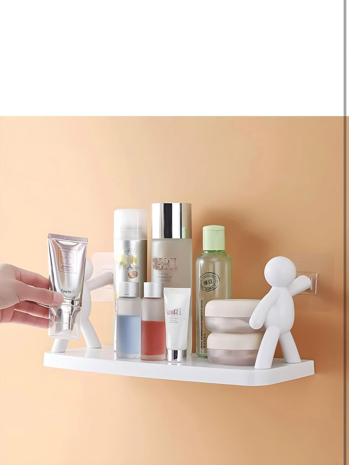 WallMounted Bathroom Shelf, White, Plastic, PunchFree, Cute Figure Design, Cosmetic Storage Organiser