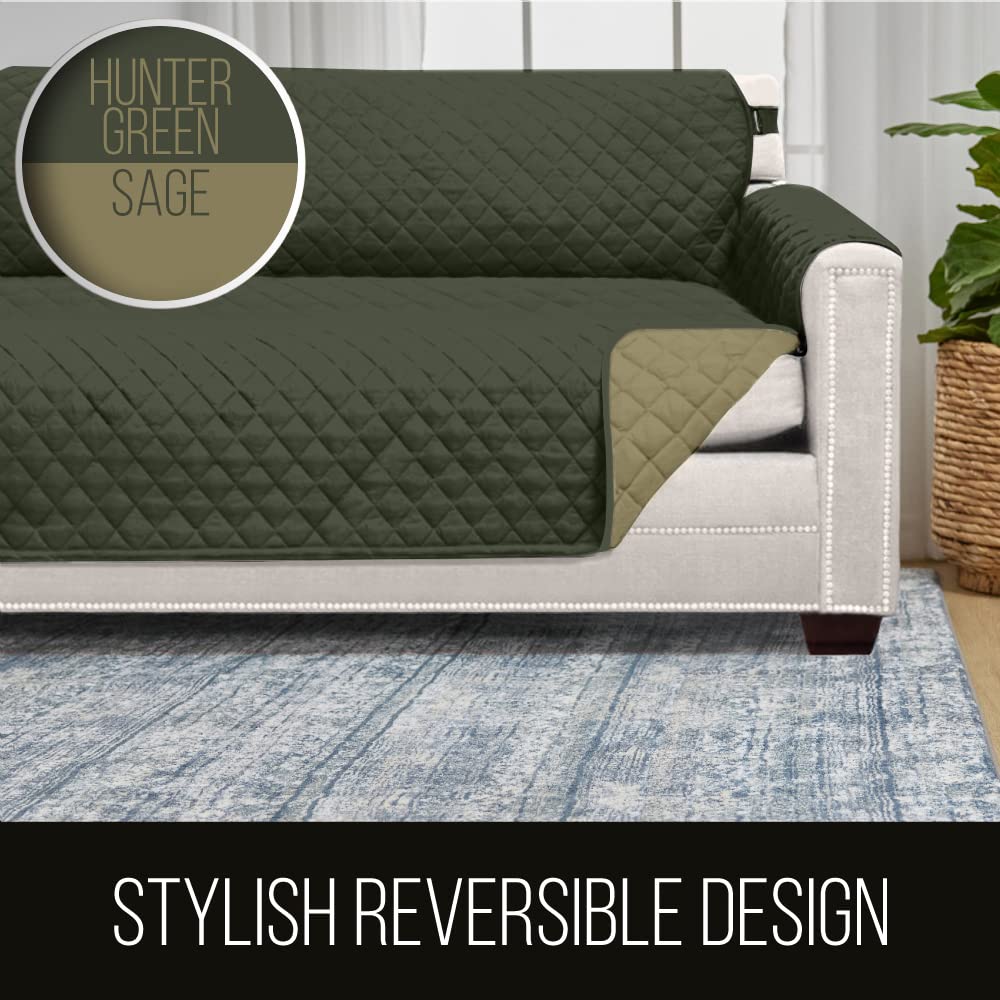 Sofa Shield Patented Loveseat Slip Cover, Large Cushion Protector, Reversible Stain And Dog Tear Resistant Slipcover, Quilted Microfiber 54” Seat, Washable Covers For Dogs Pets Kids, Hunter Green Sage