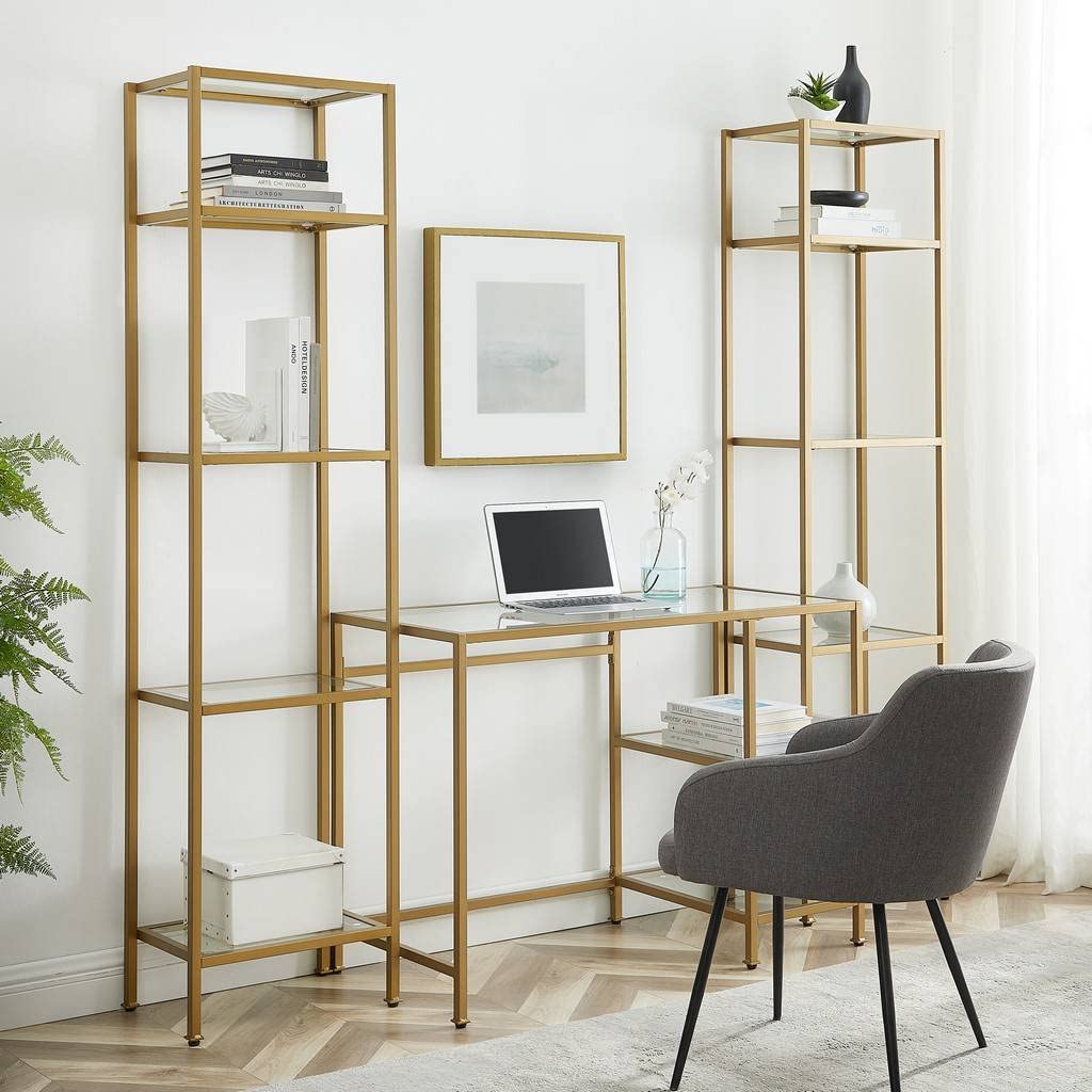 Crosley Kf65005Gl 78 X 20 X 73 In. Aimee Desk & Etagere Set - Desk & 2 Narrow Etageres Soft Gold - 3 Piece