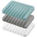 Silicone Soap Dish with Self Draining Design, 3 Pack, White, Gray and Teal, Curved Concave Waterfall Drainer for Bathroom