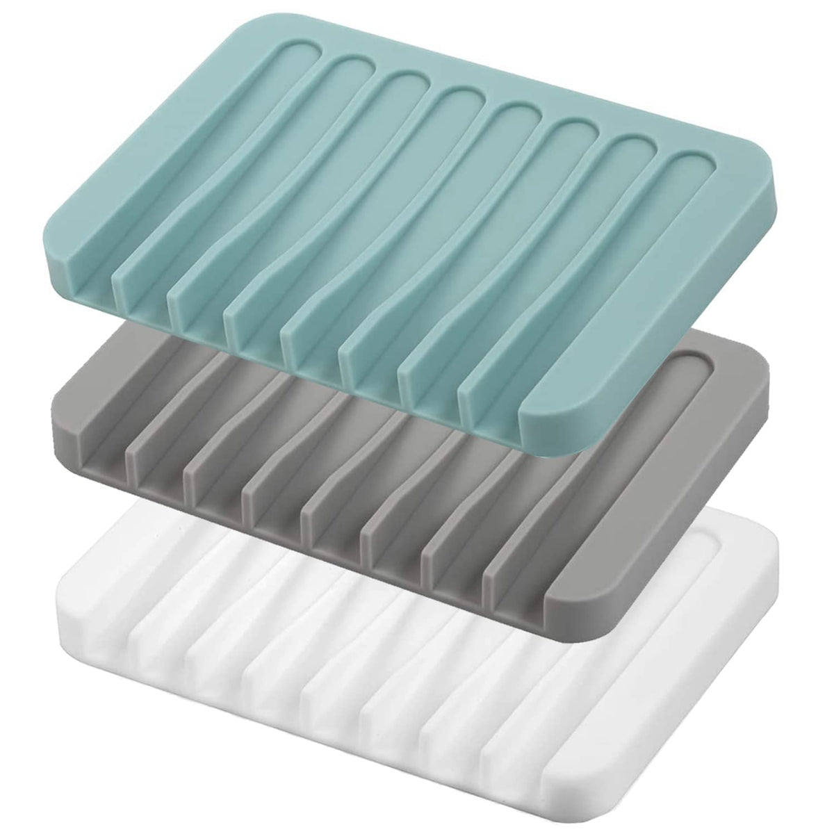 Silicone Soap Dish with Self Draining Design, 3 Pack, White, Gray and Teal, Curved Concave Waterfall Drainer for Bathroom