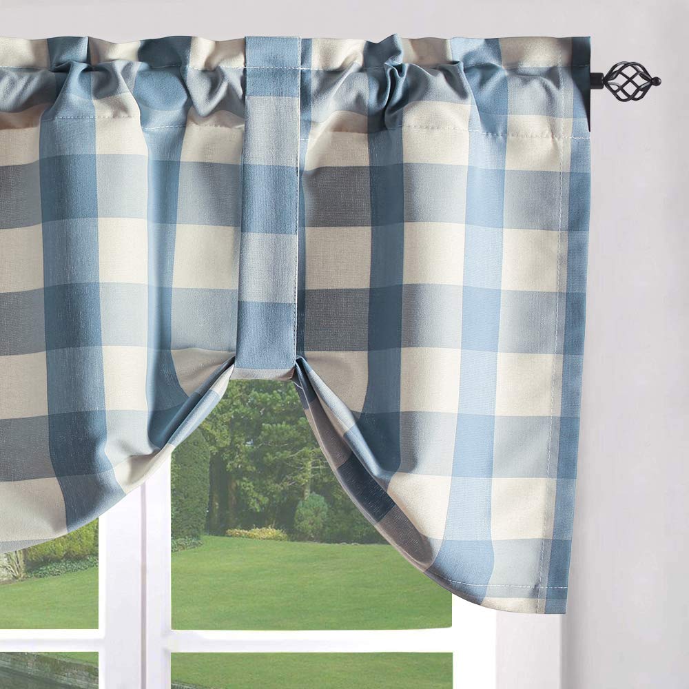 Vogol Decorative Tie Up Curtains For Girls Room, Blue And White Buffalo Check Plaid Small Window Curtain Valance Top Pocket 18 I