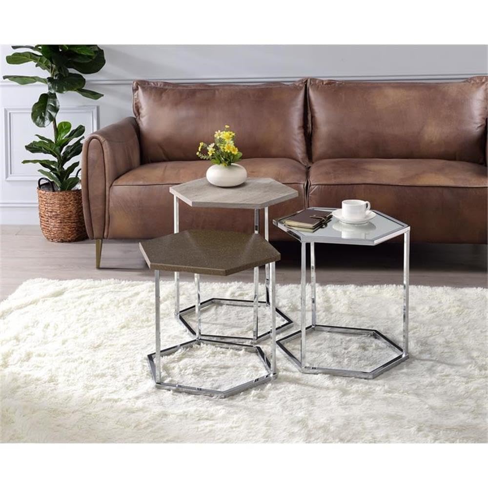 Acme Simno Hexagon Top Nesting Tables in Gray Washed and Chrome Metal