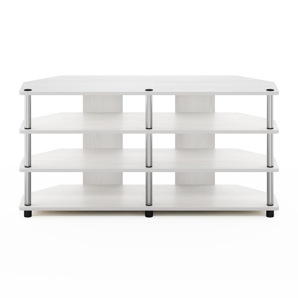 Furinno Econ Easy Assembly 4-Tier Corner TV Stand for TV up to 55-Inch, White Oak/Stainless Steel