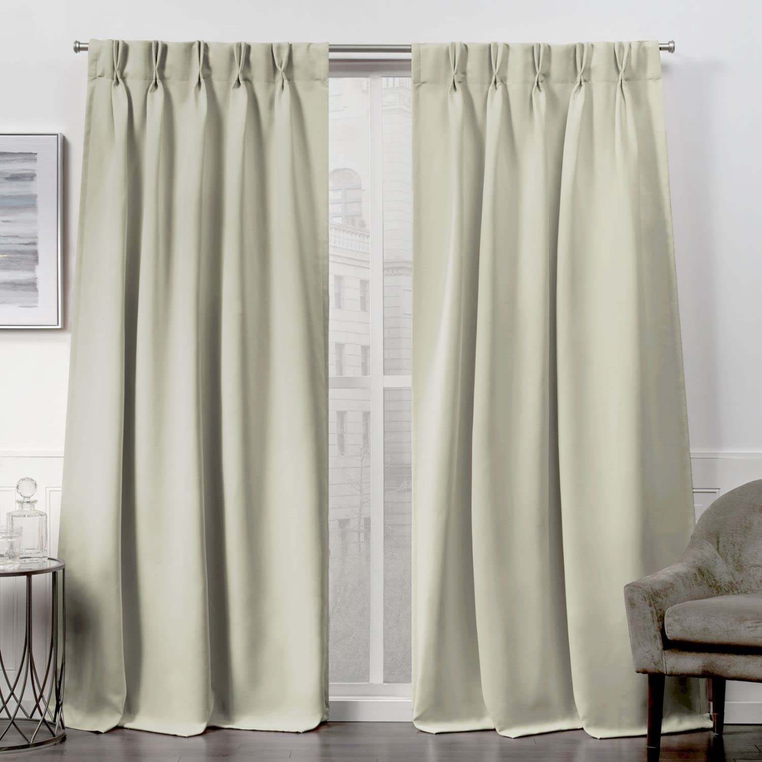 Exclusive Home Sateen Twill Woven Room Darkening Blackout Pinch Pleat/Hidden Tab Top Curtain Panel Pair, 84'' Length, Linen