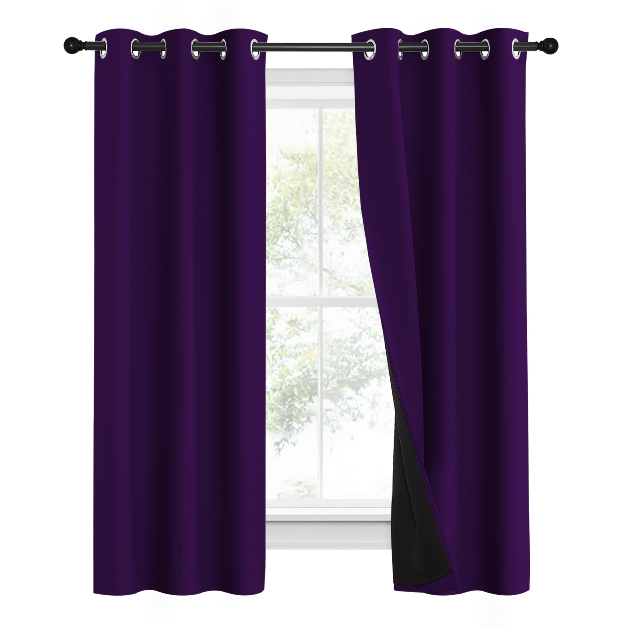 Nicetown 100% Blackout Curtains With Black Liner Backing, Thermal Insulated Curtains For Living Room, Noise Reducing Drapes, Royal Purple, 37' Wide X 60' Long Per Panel, Set Of 2 Panels