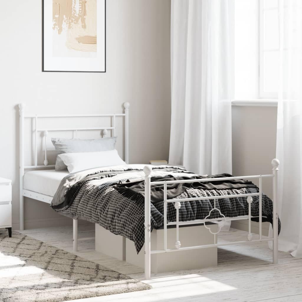 vidaXL White Metal Bed Frame with Headboard & Footboard, Strong Steel Construction, Under Bed Storage Space, Perfect for Bedroom