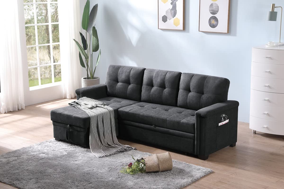 Lilola Home Ashlyn Dark Gray Woven Fabric Sleeper Sectional Sofa Chaise With Usb Charger And Tablet Pocket