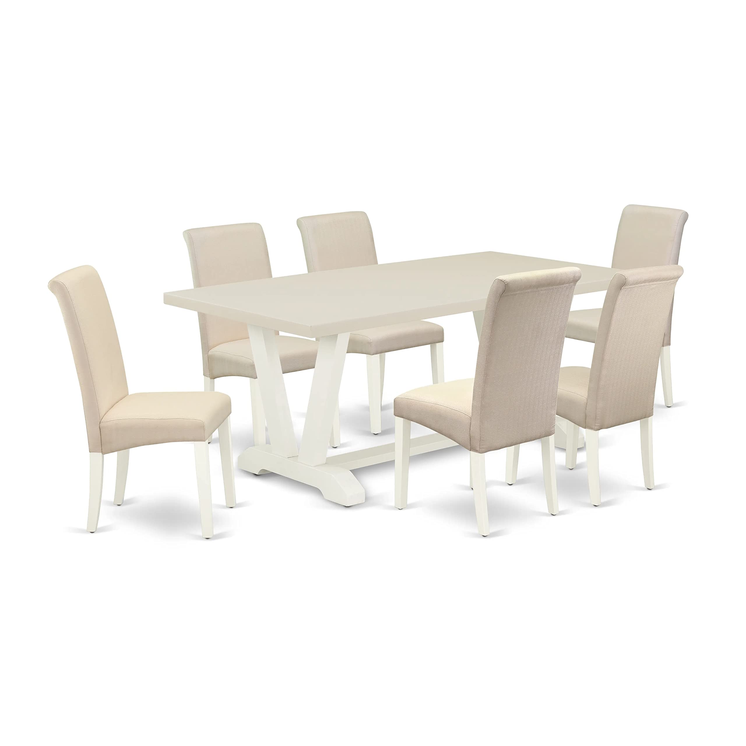 East West Furniture V-Style 7 Piece Modern Set Consist Of A Rectangle Dining Room Table With V-Legs And 6 Cream Linen Fabric Parsons Chairs, 40X72 Inch, V027Ba201-7