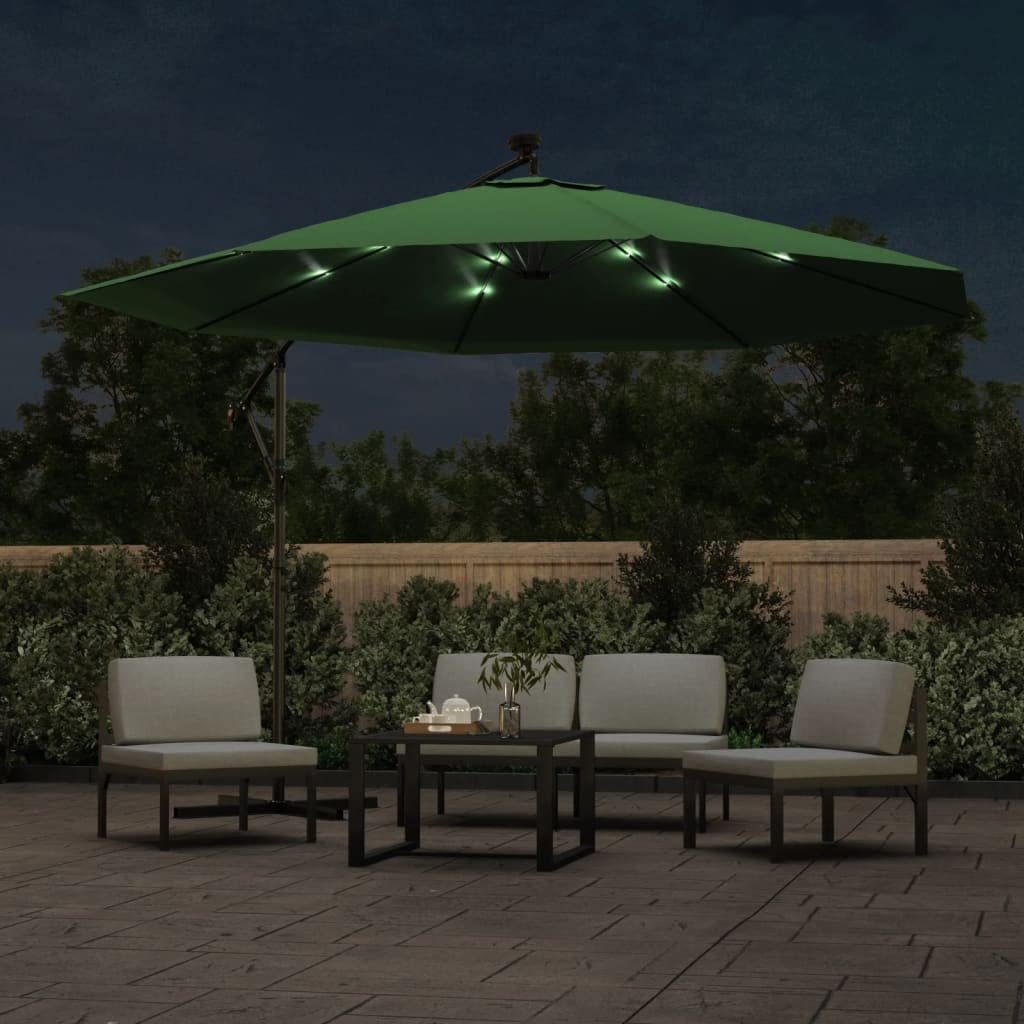 Vidaxl Led Cantilever Parasol With Metal Pole, Green - 137.8 Inch Diameter - Uv Protective And Anti-Fade Polyester Fabric, Includes Solar Panel, Air Vent & Crank Mechanism.