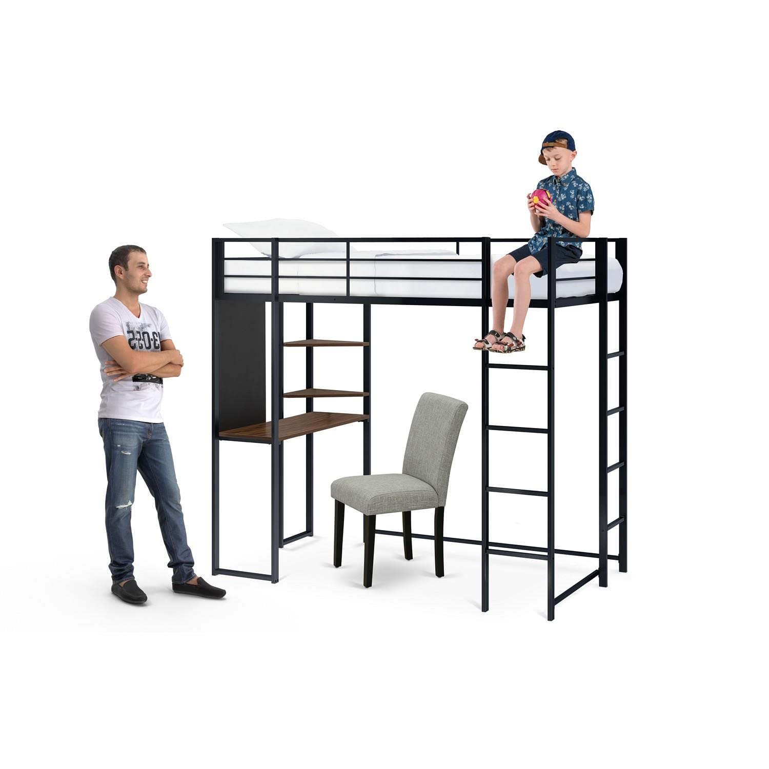 East West Furniture Butlblk Buckland Twin Loft Bed - One Metal Bed, A Table Top, 2 Book Shelves And 2 Ladder With 3 And 4 Steps And Guard Rails - Twin Loft Bed - Powder Coating Black Finish