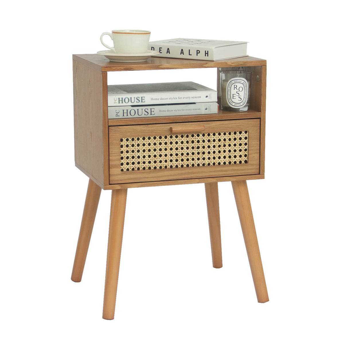 Maxsmeo Mid Century Modern Nightstand With Drawer, Small Nightstand Bedside Table, Rattan Nightstand, Wood End Table For Bedroom, Living Room (Brown)