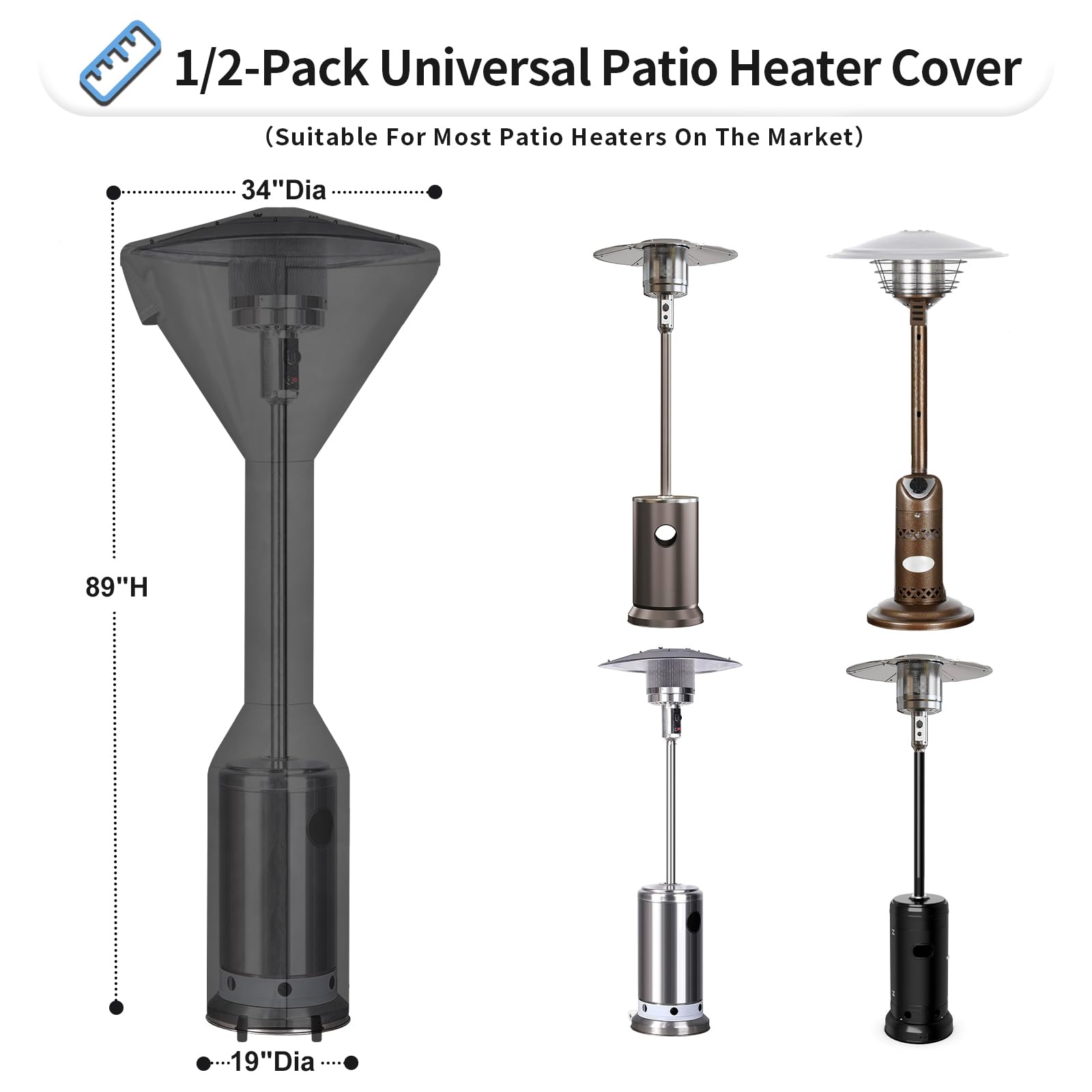 Outdoorlines Waterproof Outdoor Patio Heater Covers With Zipper And Storage Bag, Dust-Proof Uv-Resistant Windproof Propane Heavy Duty Heater Cover For Standing Heater, 2 Packs-95Hx34Dx19B Inch Black